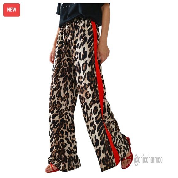 Pants - Women's Cheetah Print Wide Leg Pants Y2K Streetwear Casual Trousers